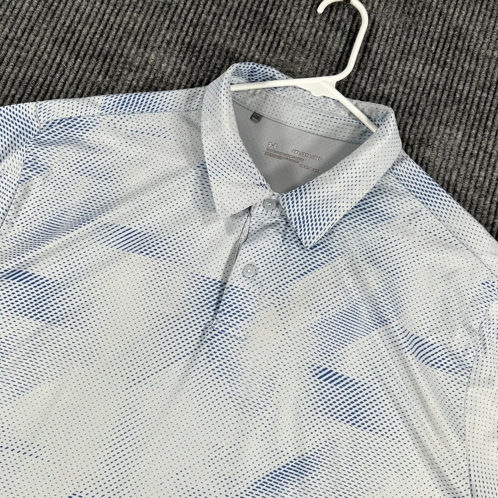 Under Armour Polo Shirt Mens 2XL XXL Blue White Geometric Short Sleeve Heat Gear